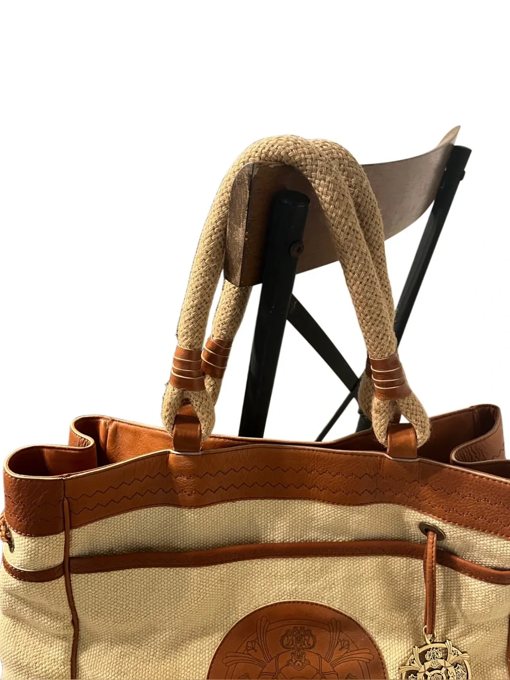 Kate Landry Canvas & Leather Tote Bag Large Boho Chic Rope Handle Jute